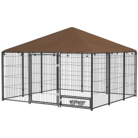 PawHut 6.9'x6.9'x5' Outdoor Dog Kennel with Canopy, Coffee Garden Playpen Fence Crate Enclosure Cage, Rotating Bowl Secure Pet Play